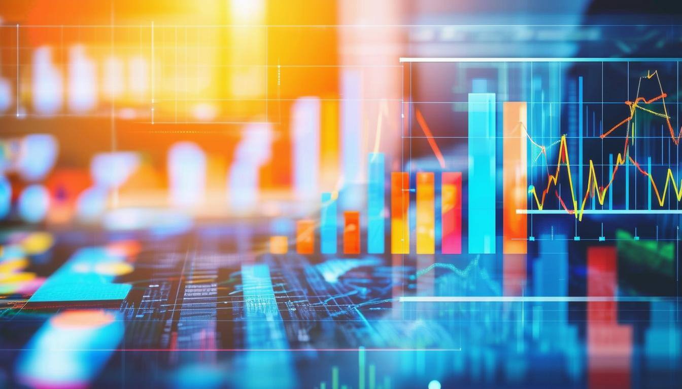 Graph lines at different levels above a blurred image of computer parts that are mirroring the graph lines.. 