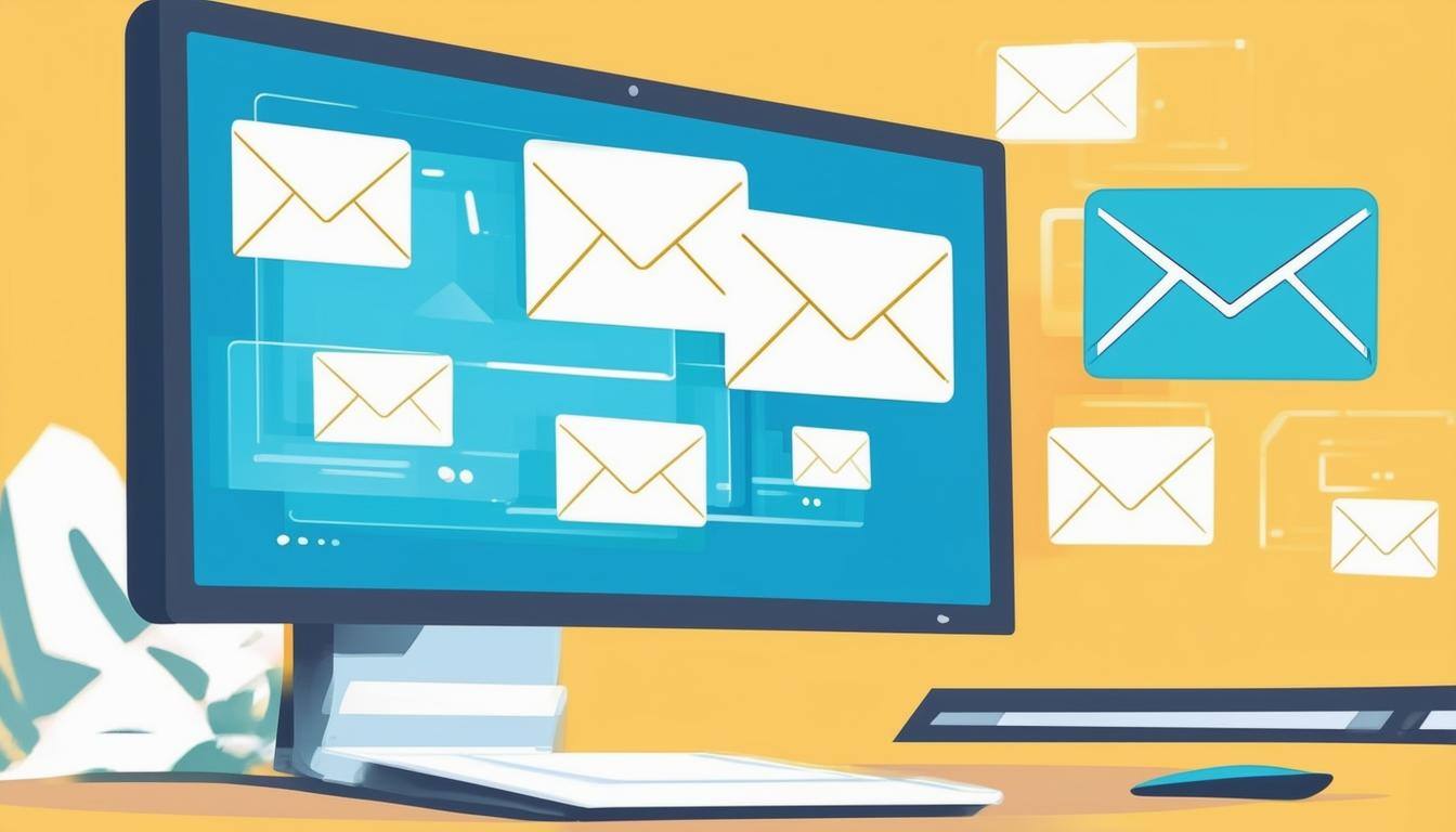 Cartoon image of a computer screen with email envelopes all over. To the right of the screen are more floating envelops, one in teal blue and the rest in beige. 